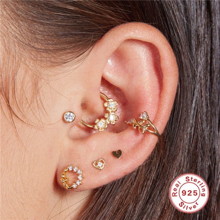 S925 Sterling Silver Triple Flower Inlaid Diamond Ear Bone Stud Micro Inlaid Earrings Amazon Bestseller INS Piercing Jewelry