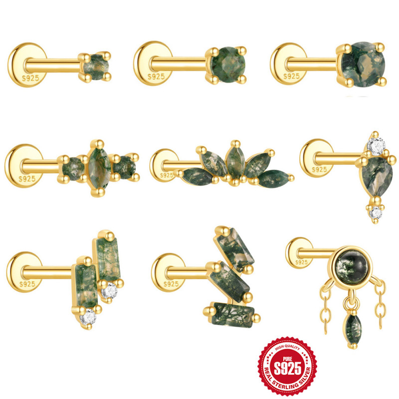 S925 Sterling Silver Natural Moss Aquatic Plant Agate Flat Head Threaded Piercing Ear Bone Stud European and American Hot-Selling Elegant Ear Jewelry