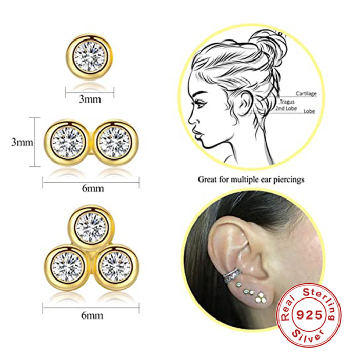 S925 Sterling Silver Single Diamond Light Luxury Elegant Earrings European and American Hot Sale Set of 3 Mini Diamond-Encrusted Women's Earrings