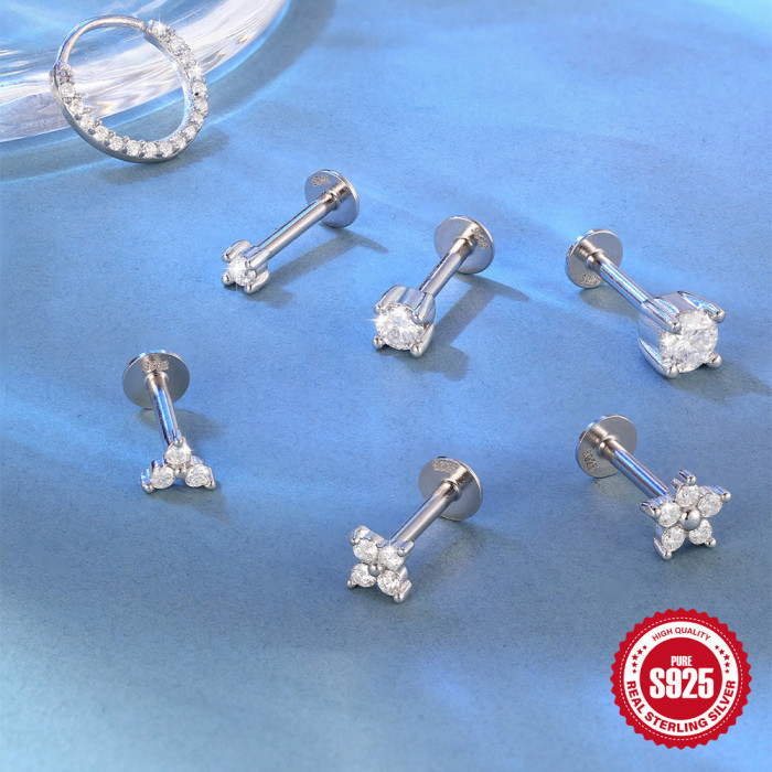 New S925 Sterling Silver Four-Prong Moissanite Flat Head Threaded Piercing Cartilage Earrings European and American Hot-Selling Light Luxury Ear Bone Studs