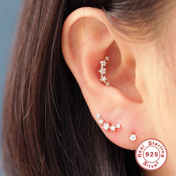 S925 Sterling Silver Single Piercing INS Style Eight-Pointed Star Inlaid Diamond Threaded Piercing Earrings European and American Trendy Personality Earrings