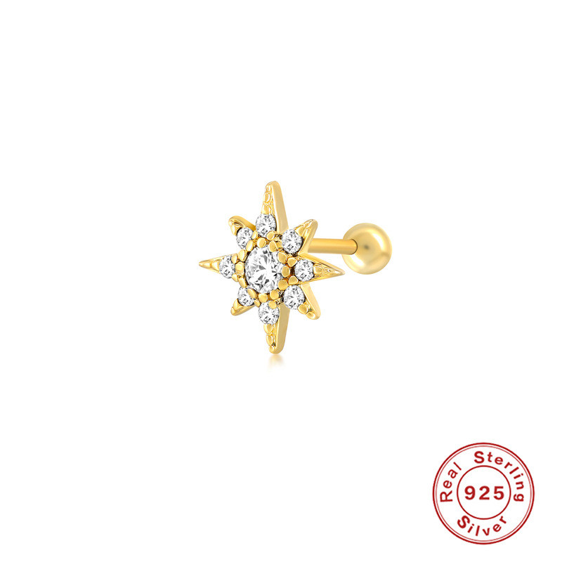 S925 Sterling Silver Single Octagonal Star Threaded Piercing Stud Earrings Cross-Border Hot Sale Fashion Simple Diamond-Studded Threaded Women's Earrings