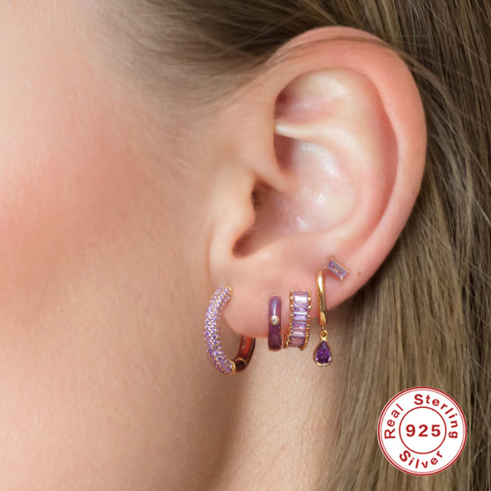 S925 Sterling Silver Geometric Water Drop Zircon Earrings Ear Clips INS Style Inlaid with Colored Stones Hoop Earri...