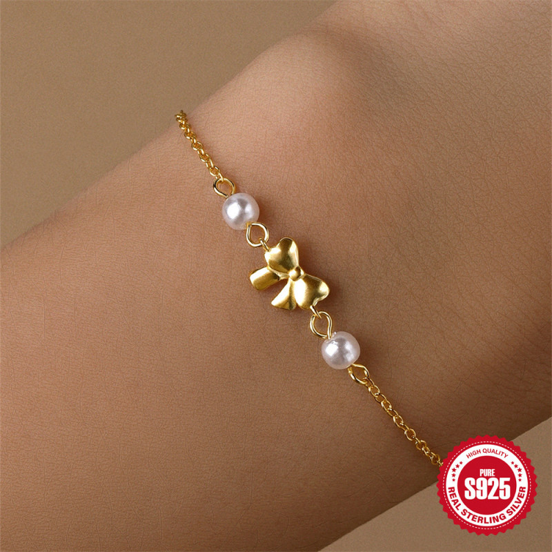 New 925 Sterling Silver Heart Bow Pearl Bracelet Korean and Japanese Internet Celebrity Niche Design Versatile Jewelry