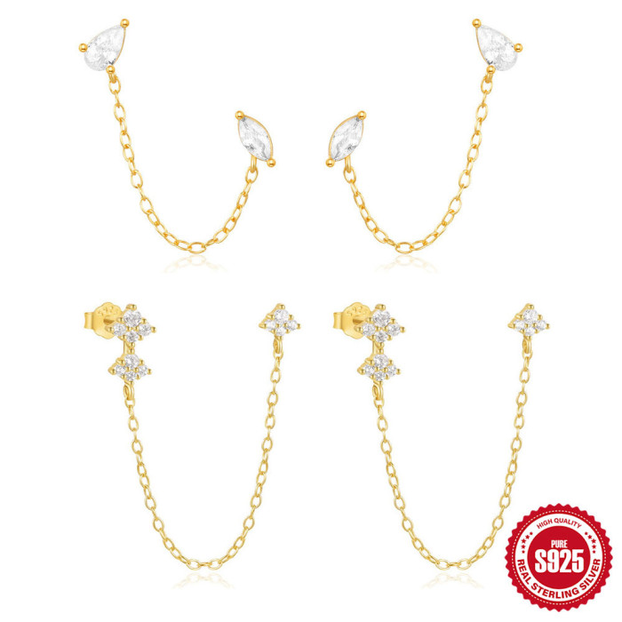 S925 Sterling Silver Tassel Inlaid Diamond Petal Versatile Chain Earrings Ear Thread European and American Cross-Border Hot Selling Water Drop Horse Eye Earrings