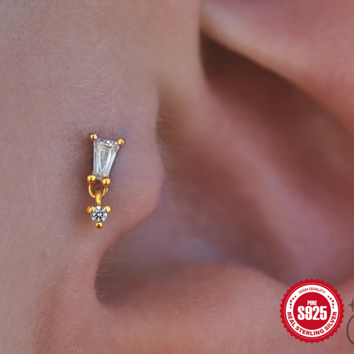 S925 Sterling Silver Exquisite Flat Column Diamond-Studded Threaded Piercing Ear Bone Stud New Creative Personality Hot-Selling Ear Jewelry