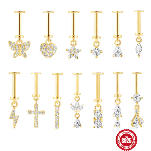S925 Sterling Silver Geometric Heart Diamond-Studded Flat Head Vertical Thread Piercing Ear Bone Stud New Hot-Selling Elegant Ear Jewelry
