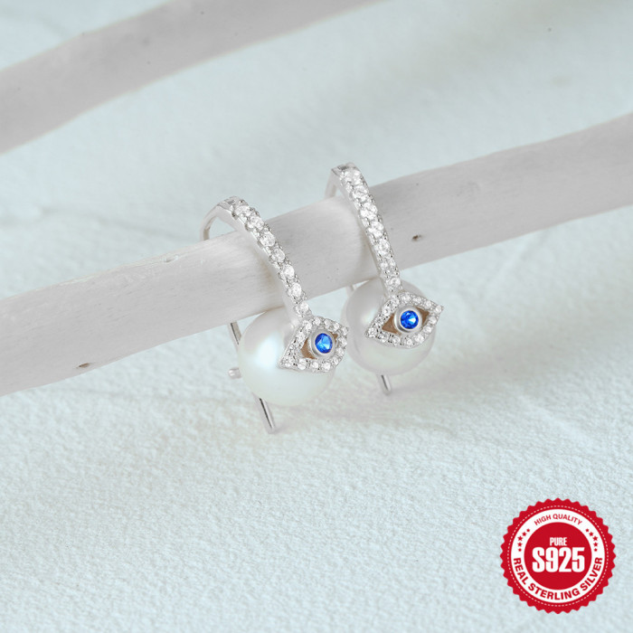 New 925 Sterling Silver Pearl Devil's Eye Earrings Ear Hooks European and American Hot Selling Diamond-encrusted High-end Design Earrings for Women