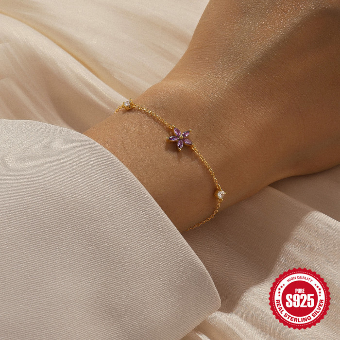 S925 Sterling Silver Summer Cute Flower Stone-Inlaid Daily Matching Bracelet Korean Version Niche Design Bracelet J...