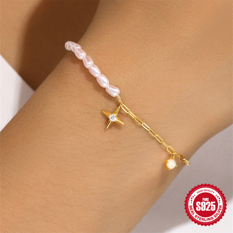 S925 Sterling Silver Exquisite Opal Star Light Luxury Inlaid Diamond Pearl Elegant Bracelet Korean Version Niche High-end Internet Celebrity Jewelry