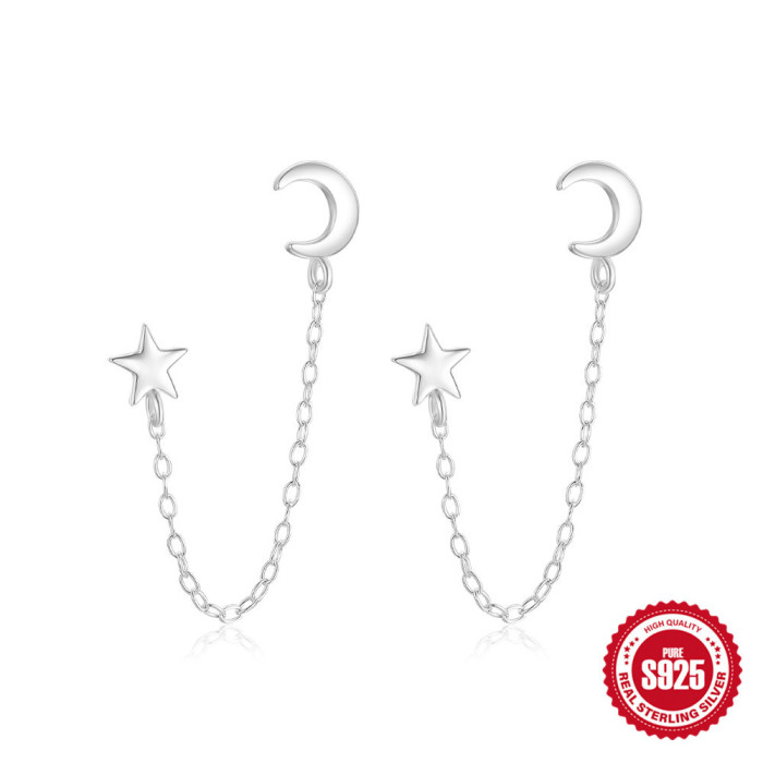 S925 Sterling Silver Versatile Star Moon Chain Tassel Earrings Korean Style Xiaohongshu Hot-Selling Earrings for Women