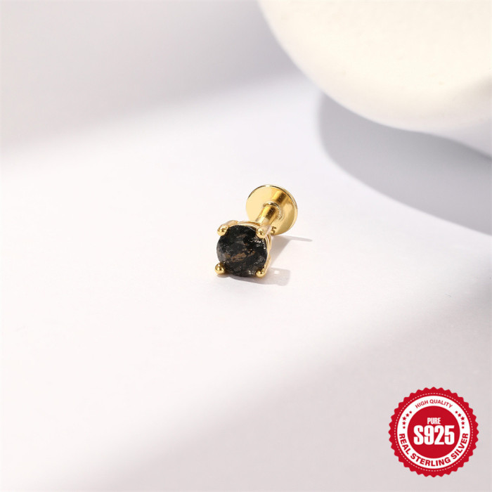 S925 Sterling Silver Horse Eye Tassel Black Rutilated Quartz Natural Stone Flat Head Threaded Piercing Ear Bone Stud European and American Hot Selling Ear Jewelry