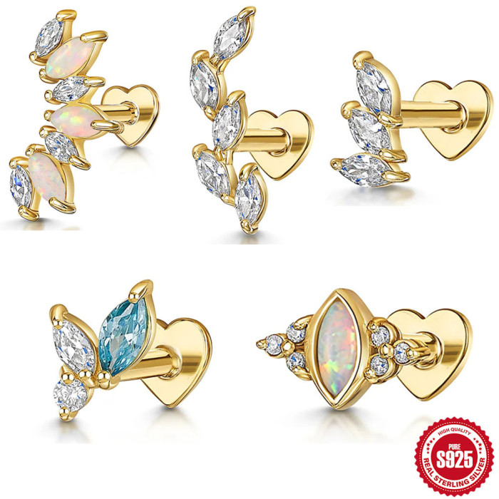 S925 Sterling Silver Horse Eye Inlaid Diamond Heart Flat Head Threaded Cartilage Piercing Ear Bone Stud European and American Cross-Border Hot-Selling Ear Jewelry