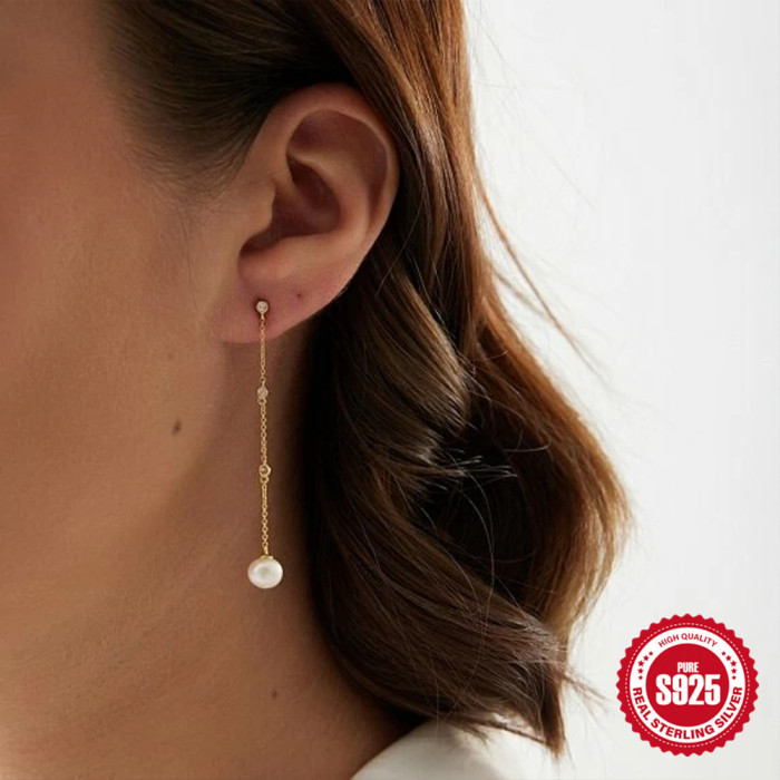 S925 Sterling Silver Inlaid Diamond Chain Tassel Pearl Earrings Stud Earrings Korean and Japanese Style Elegant Niche High-end Fashion Earrings