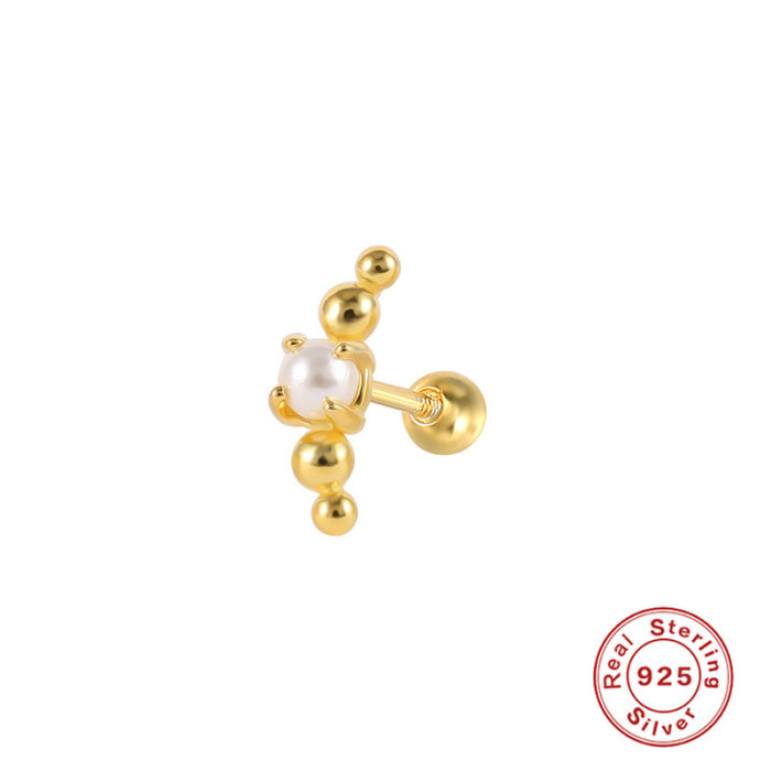 S925 Sterling Silver Single French Style Colorful Pearl Zircon Spiral Piercing Stud Earrings Fashion Trendy Personality Versatile Earrings