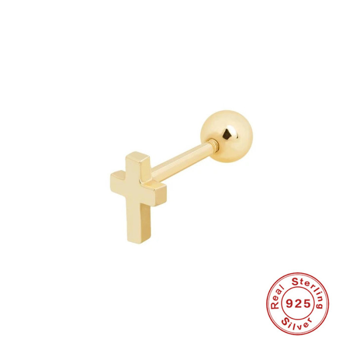 S925 Sterling Silver INS Minimalist Smooth Cross Piercing Threaded Earrings European and American Hot-Selling Mini Ear Bone Stud Earrings