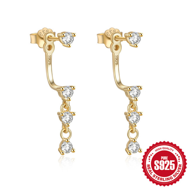 925 Sterling Silver Double Line Inlaid Stone Versatile Earrings Studs European and American Hot Selling Creative Personality Back Hanging C-shaped Earrings