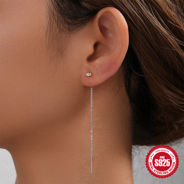 S925 Sterling Silver Rectangular Zircon Stone-Inlaid Ear Thread Earrings Korean and Japanese Niche INS Style Minima...