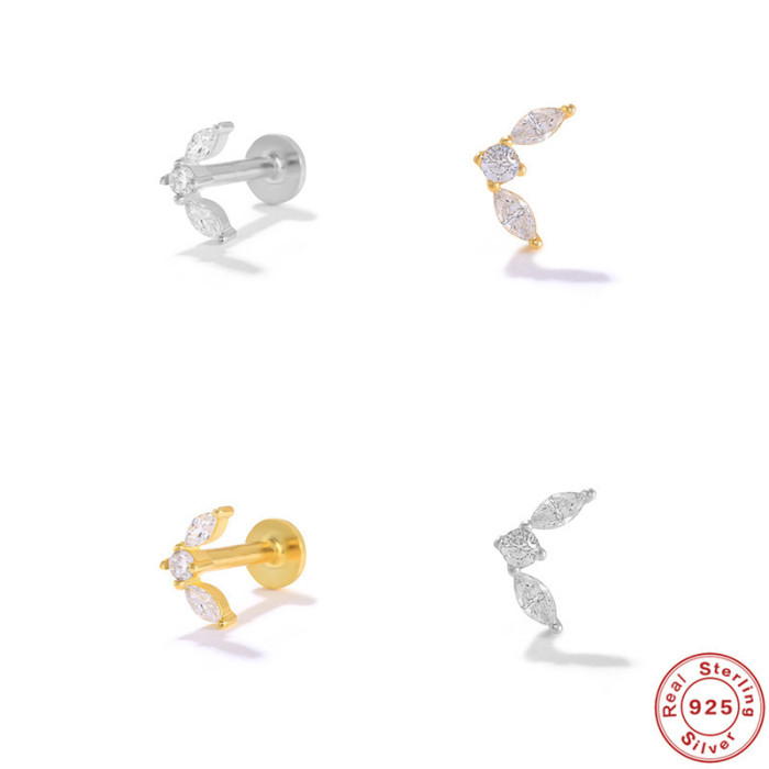 S925 Sterling Silver Horse Eye Inlaid Diamond Moon-Shaped Body Piercing Earrings New Best-Selling Flat Head Threaded Piercing Studs
