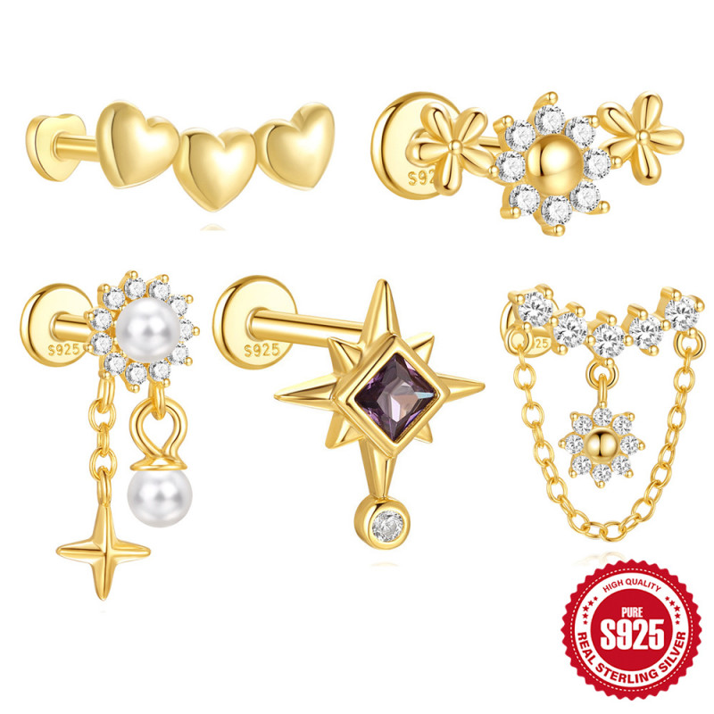 S925 Sterling Silver Heart Tassel Inlaid Diamond Flat Head Piercing Threaded Ear Bone Stud European and American Hot-Selling Sunflower Star Earrings