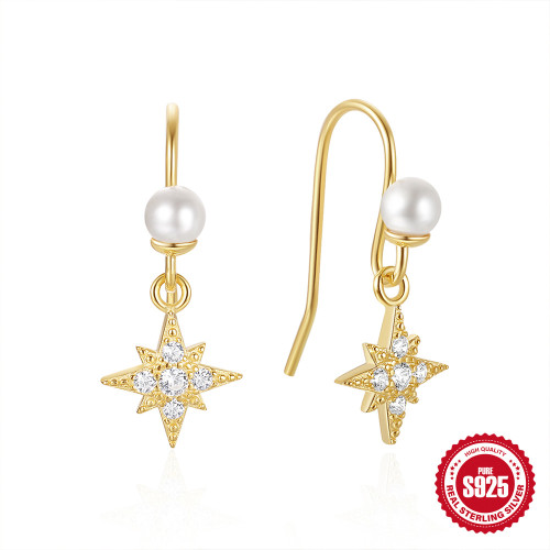 S925 Sterling Silver Eight-Pointed Star Inlaid Diamond Pearl Ear Hook Earrings European and American Cross-Border Hot-Selling Elegant Internet Celebrity Style Earrings