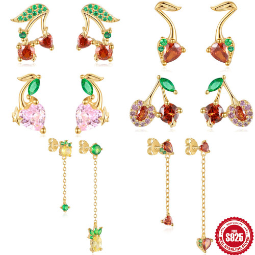 New S925 Sterling Silver Fruit Series Streamlined Earrings European and American Hot Trendy Small Summer Earrings for Women