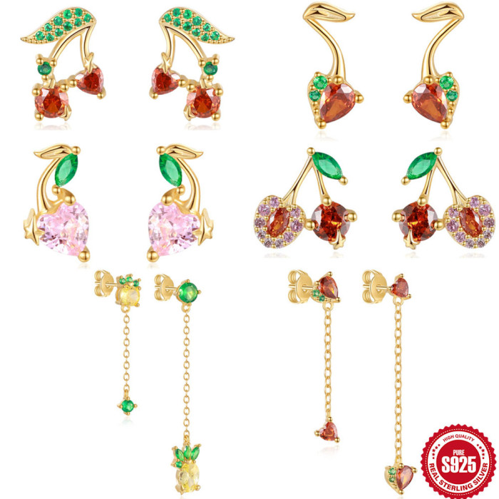 New S925 Sterling Silver Fruit Series Streamlined Earrings European and American Hot Trendy Small Summer Earrings for Women