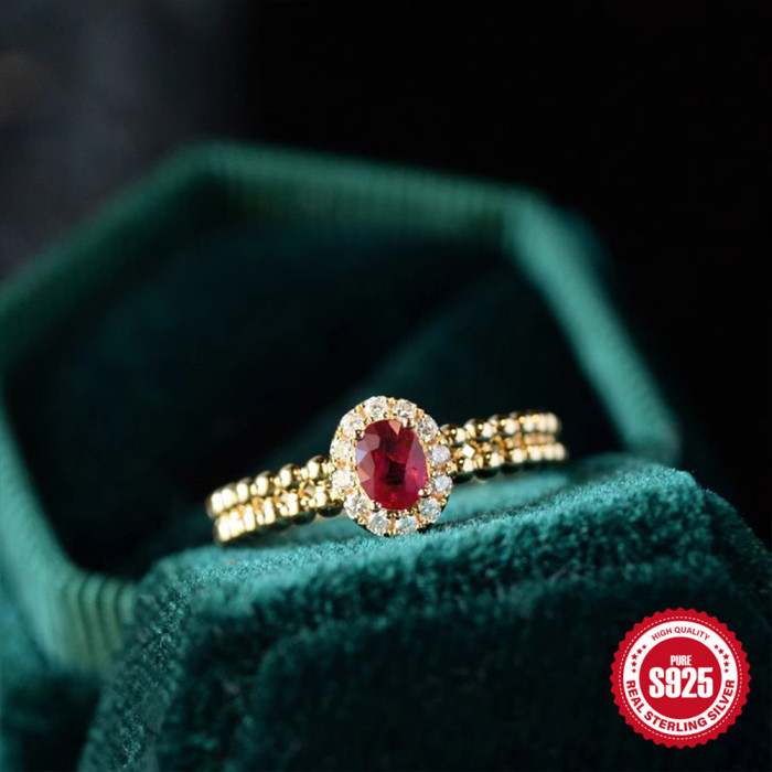 S925 Sterling Silver Elegant Ruby Stone Ring Retro Graceful Wedding Light Luxury Round Gold Plated Open Ring