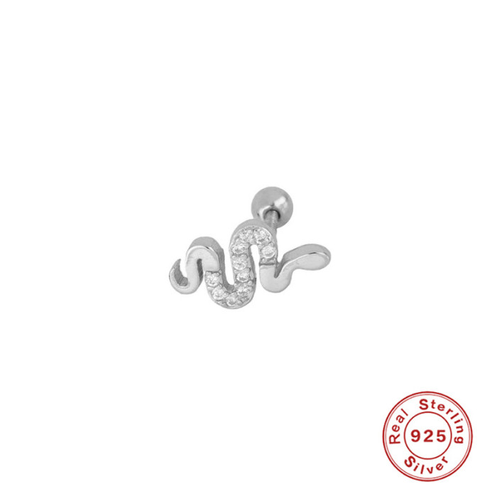 S925 Sterling Silver Fun Little Snake Inlaid Diamond Spiral Piercing Stud Earrings European and American Trendy Creative Ear Bone Stud INS Earrings