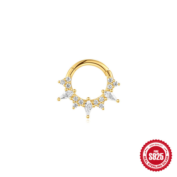 S925 Sterling Silver Body Piercing Cartilage Round Nose Ring Open Ring Piercing Rhombus Zircon Fashion Cochlear Earrings for Women