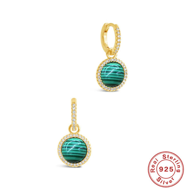 S925 Sterling Silver Bohemian Malachite Round Disc Earrings Zircon Drop Earrings Hook European American French Style Vintage Earrings