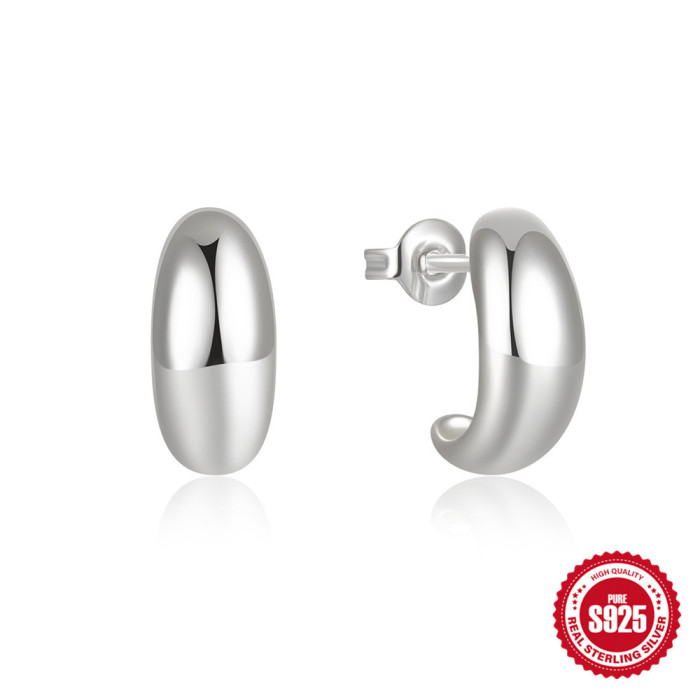 New 925 Sterling Silver C-Shaped Smooth Metallic Hoop Earrings Stud Earrings European and American Hot Selling Trendy INS Minimalist Style Earrings