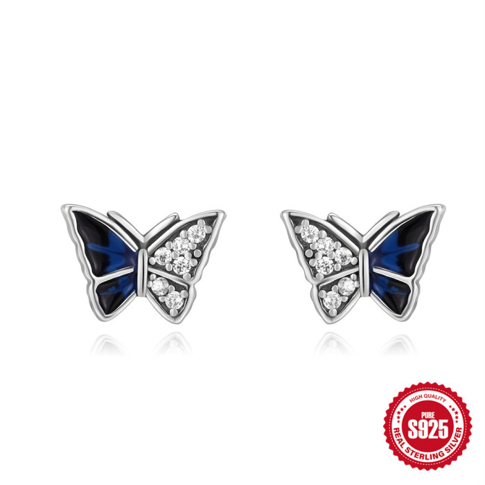 S925 Sterling Silver Heart Five-Pointed Star Butterfly Inlaid Diamond Moonstone Earrings European and American Fashion Retro Footprint Ear Jewelry