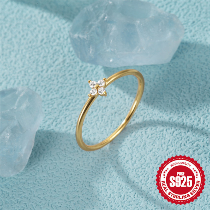 S925 Sterling Silver Crystal Flower Thin Ring Versatile Index Finger Ring Xiaohongshu Same Style INS Minimalist Ring