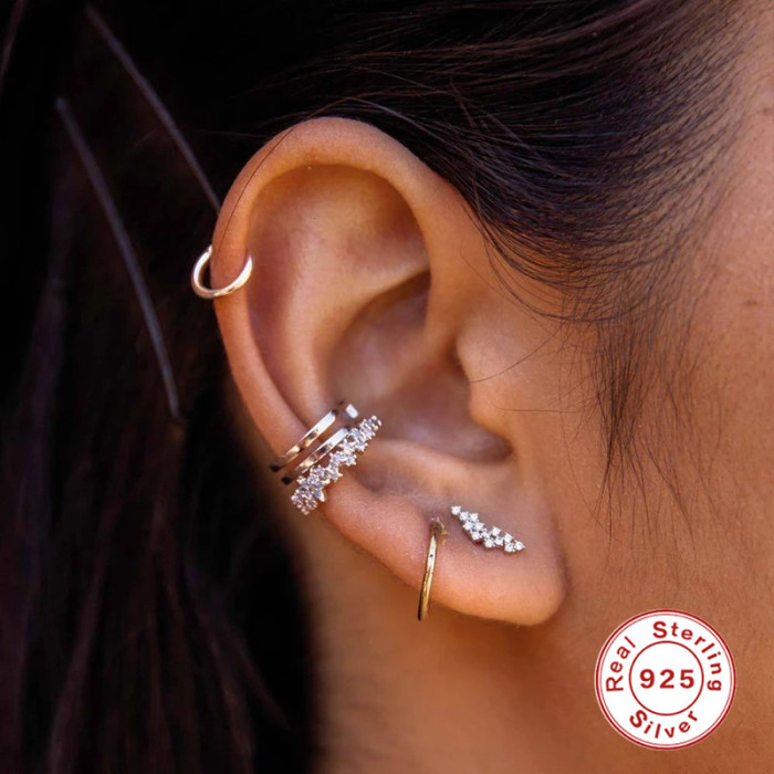 S925 Sterling Silver Geometric Irregular Single Row Diamond-Studded Piercing Threaded Ear Bone Stud European and American Hot-Selling Mini Ear Cartilage Earrings