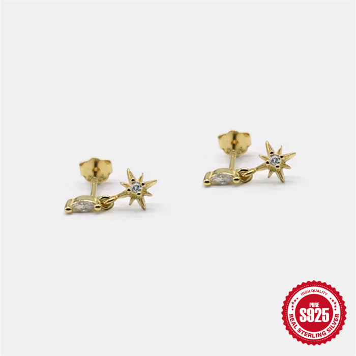 S925 Sterling Silver Horse Eye Inlaid Diamond Eight-Pointed Star Earrings Korean Version Niche Design Fresh Simple Earrings Jewelry