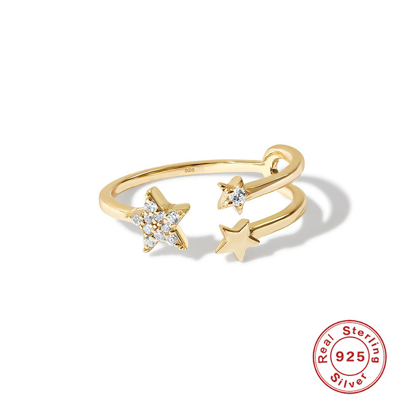 S925 Sterling Silver Personalized Five-Pointed Star Inlaid Diamond Women's Open Ring Korean and Japanese Style Fashionable Ins Simple Index Finger Ring