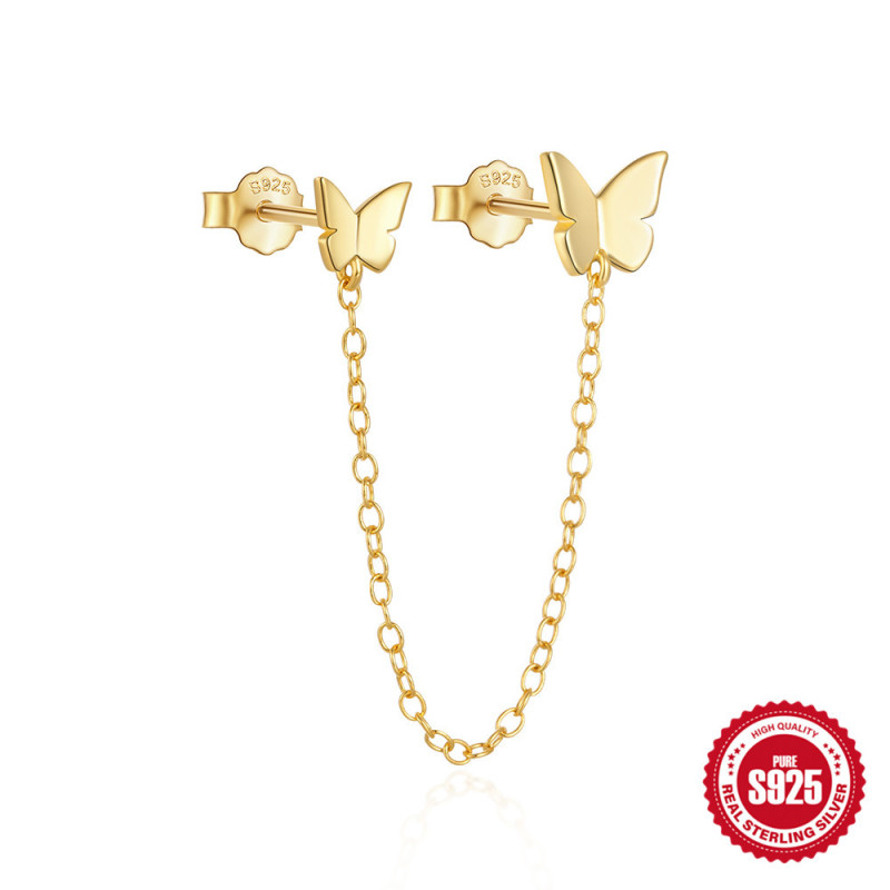 S925 Sterling Silver Large and Small Butterfly Chain Tassel Earrings Korean Style Hot-Selling Elegant INS Smooth Minimalist Earrings