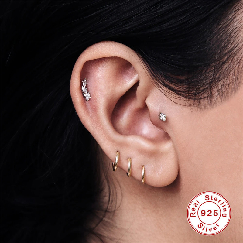 New S925 Sterling Silver Horse Eye Diamond Stud Earrings Threaded Piercing Cartilage Earrings European and American Personality Trendy INS Cartilage Studs