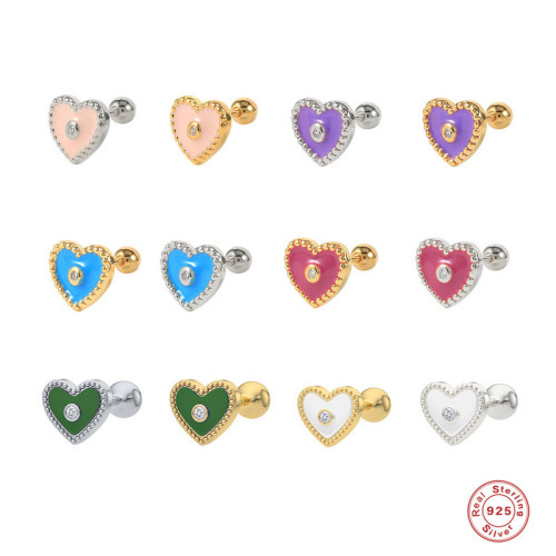 S925 Sterling Silver Single Spiral Piercing Heart Enamel Oil Drop Earrings European and American Fashion Personality Versatile Earrings