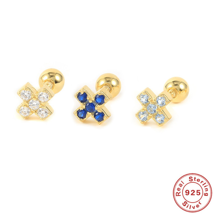 S925 Sterling Silver X Diamond-Studded Threaded Piercing Single Earring Stud INS Style Simple Versatile Mini Piercing Ear Bone Stud