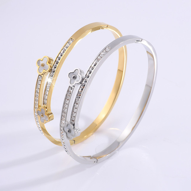 Cross-Border Hot-Selling Lucky Double-Headed Four-Leaf Clover Bracelet Fashionable High-End Full Diamond Stainless Steel Bracelet Titanium Steel Non-Fading