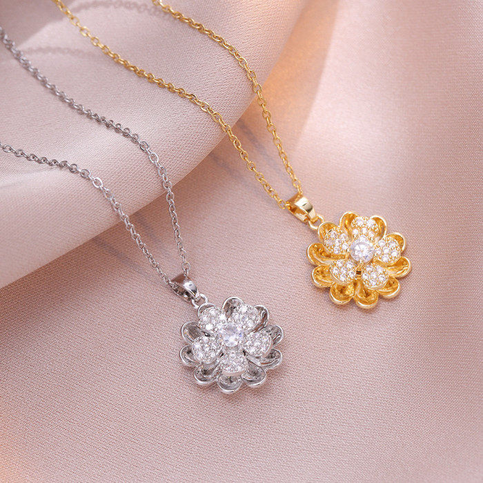 Necklace for Women Japanese and Korean Style Flower Rotating Zircon Necklace Ins Niche Design Titanium Steel Elegant...