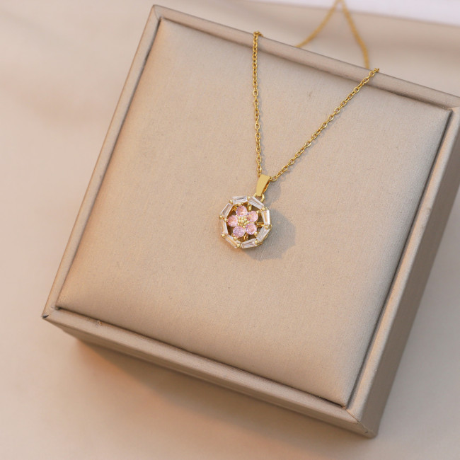 Necklace for Women Cross-Border Rotatable Five-Petal Flower Necklace Design European and American New Style Titanium Steel Clavicle Chain Pendant Jewelry Accessories