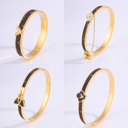 Titanium Steel Bracelet Presbyopic Leather i Series High-Quality Lv Family V-Shaped Four-Leaf Clover Cross-Border Hot-Selling Bracelet Non-Fading