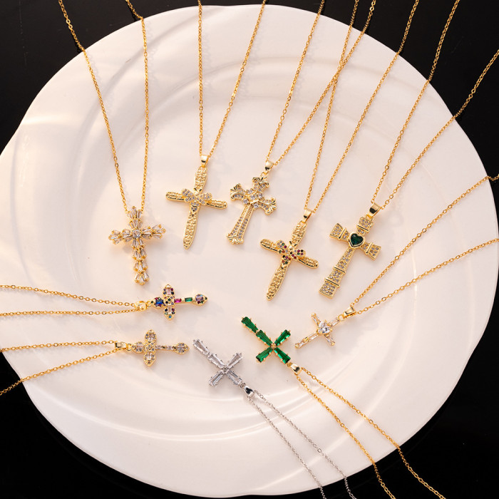 Necklace for Women European and American Cross-Border Fashion Colorful Zircon Cross Necklace Niche Design Ins Style Jewelry Collarbone Chain
