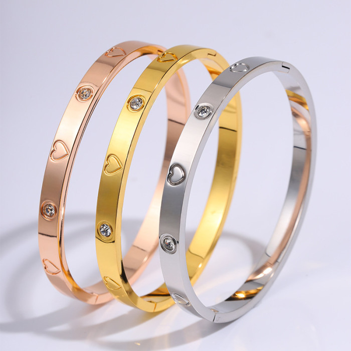 Fashion Simple Titanium Steel Bracelet Heart Stone-Inlaid Bracelet for Women High-end Gold-Plated 18K Stainles...