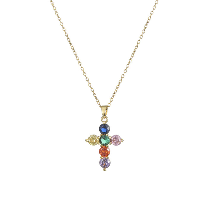 Necklace for Women European and American Trendy Jewelry Cross Necklace Elegant Niche Design Colorful Zircon Fashion Collarbone Chain