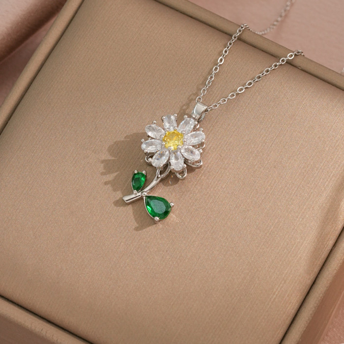 Necklace for Women Japanese and Korean Cross-Border Sunflower New Style Inlaid Diamond Sunflower Ins Ring Rotatable Set Clavicle Chain for Women