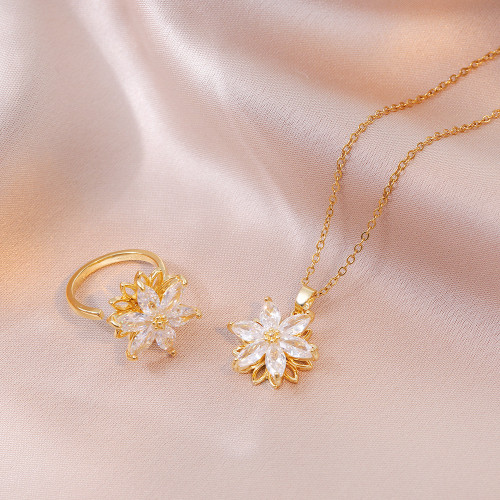 Necklace for Women, Internet Celebrity Rotating Zircon Flower, Niche New Design Pendant, Elegant Ring Set, Titanium Steel Necklace